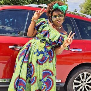 African print dress Dominant colors are green and wine